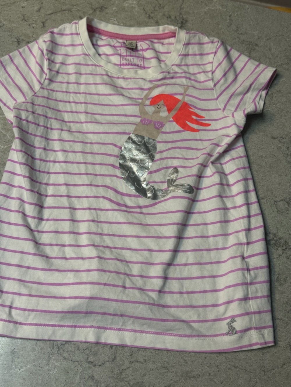 Joules White T-Shirt with Pink Stripes & Orange-Red Mermaid